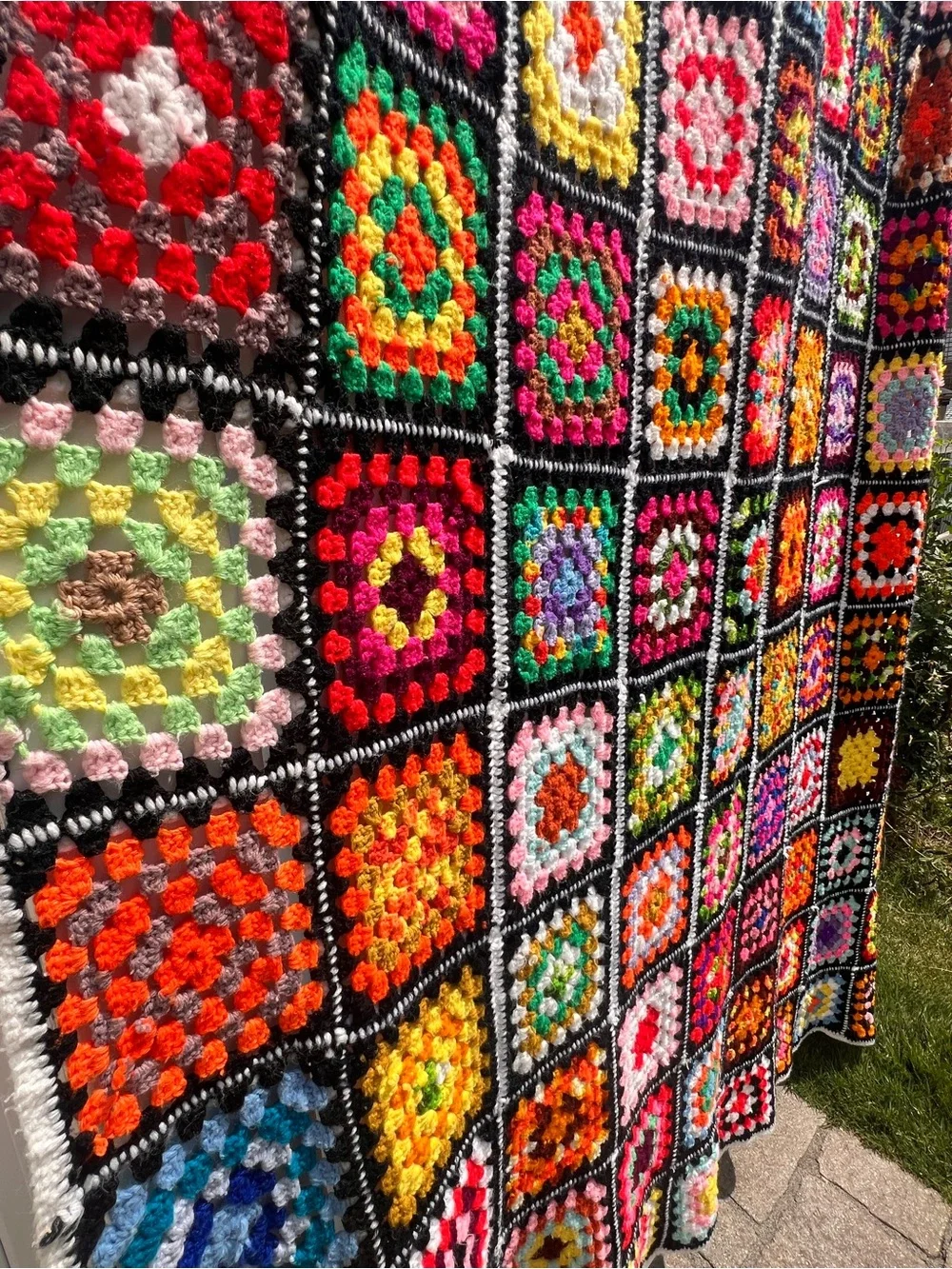 Large Handmade Crocheted Granny Square Afghan Blanket Colorful Boho Vintage